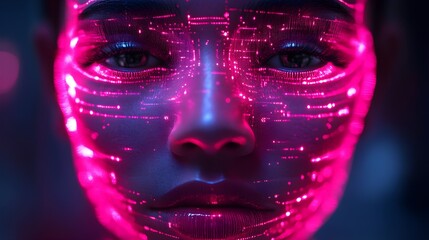 Futuristic robotic face merged with AI soundwaves in double exposure, representing advanced voice recognition, glowing neon accents and sleek metallic textures--style raw