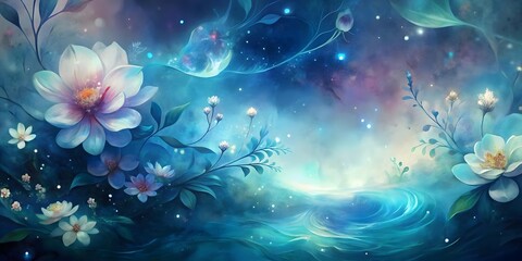 background bright flowers on a blue watercolor design background