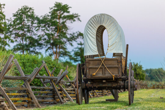 Walla Walla, Washington State. USA. Historic replica wagon along the Oregon Trail at Whitman Mission National Historic Site.