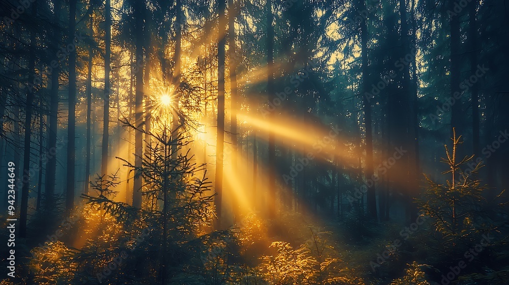 Poster sunbeams break through the misty forest trees, illuminating the scene with ethereal light.