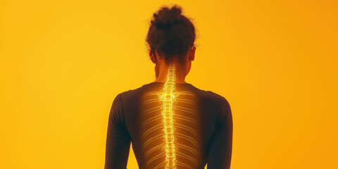 Human Spine X-ray Overlay on Person's Back - Medical and Healthcare Concept with Yellow Background