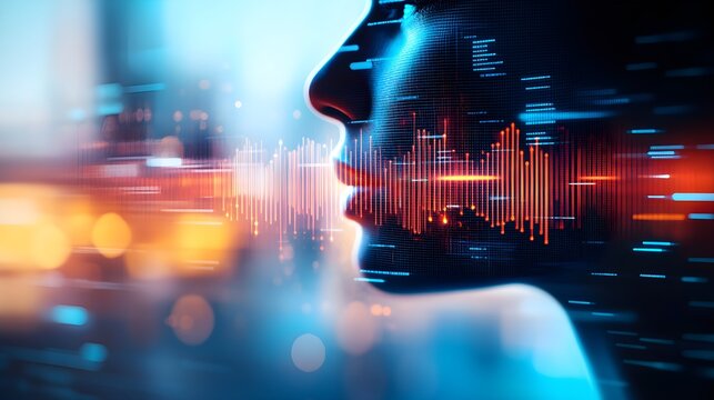 A futuristic face scan integrated with soundwaves, double exposure effect highlights biometric security and speech analysis software, sleek digital interface