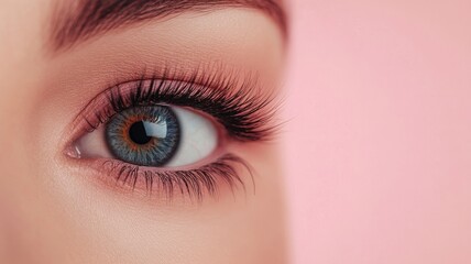 Fototapeta premium Close-up of blue eye with long lashes against pink background