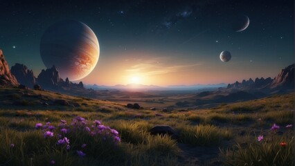 Obraz premium Panoramic wallpaper wonderful landscape meadows and cosmic sky