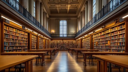 Fototapeta premium Grand library hall lined with bookshelves and wooden desks, filled warm light
