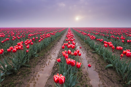 USA, Washington State, Skagit Valley. Rows of red tulips and sky. 