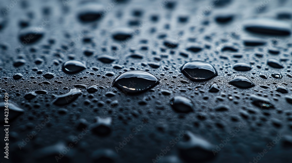 Poster a close-up of multiple raindrops on a metal surface, with reflections and patterns creating a visual