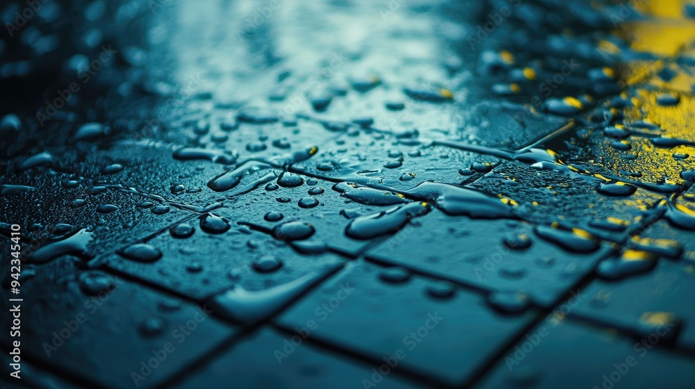 Poster a close-up of multiple raindrops on a metal surface, with reflections and patterns creating a visual