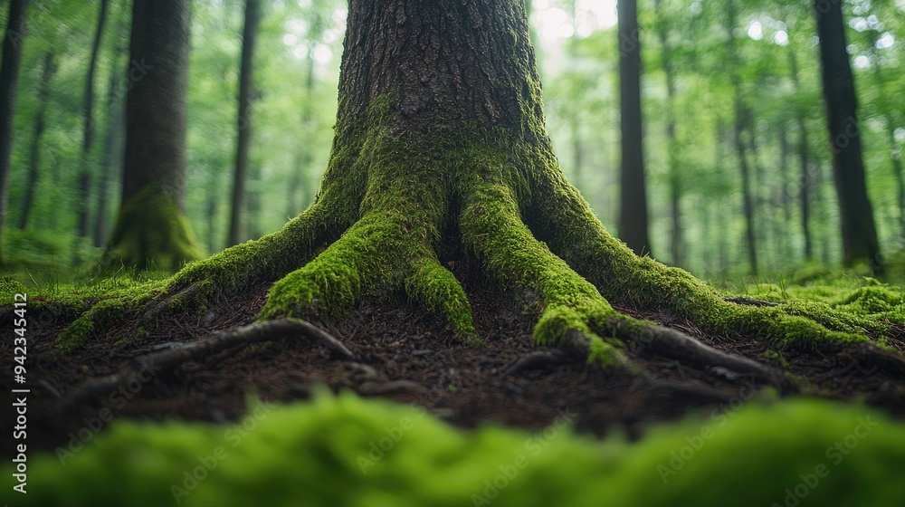 Poster a close-up of moss growing on the roots of a tree in a dense forest, showcasing the intricate detail