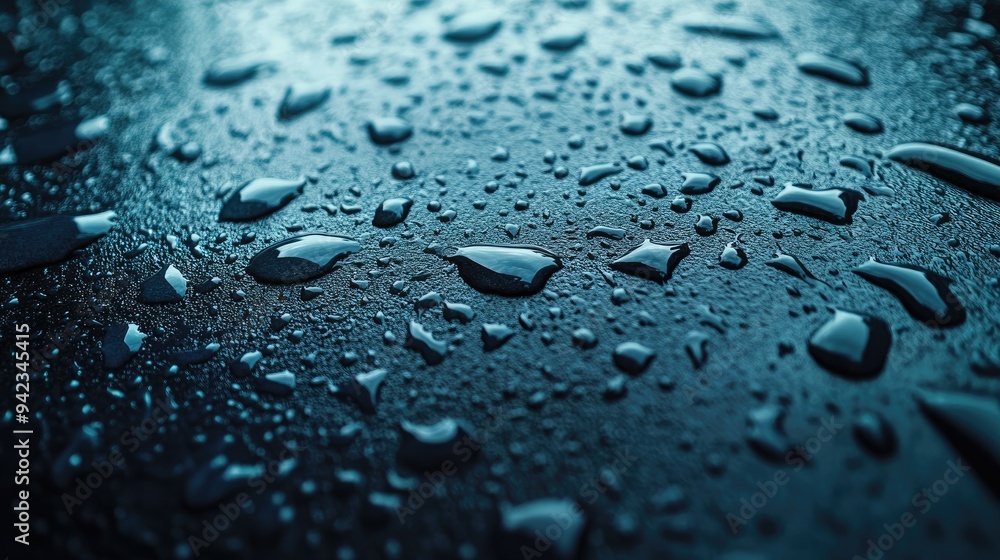 Poster a close-up of multiple raindrops on a metal surface, with reflections and patterns creating a visual