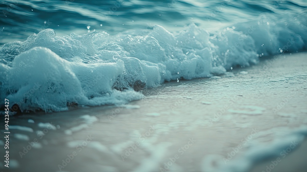 Poster a close-up of ocean waves lapping against the shore, showcasing the texture and movement of the wate