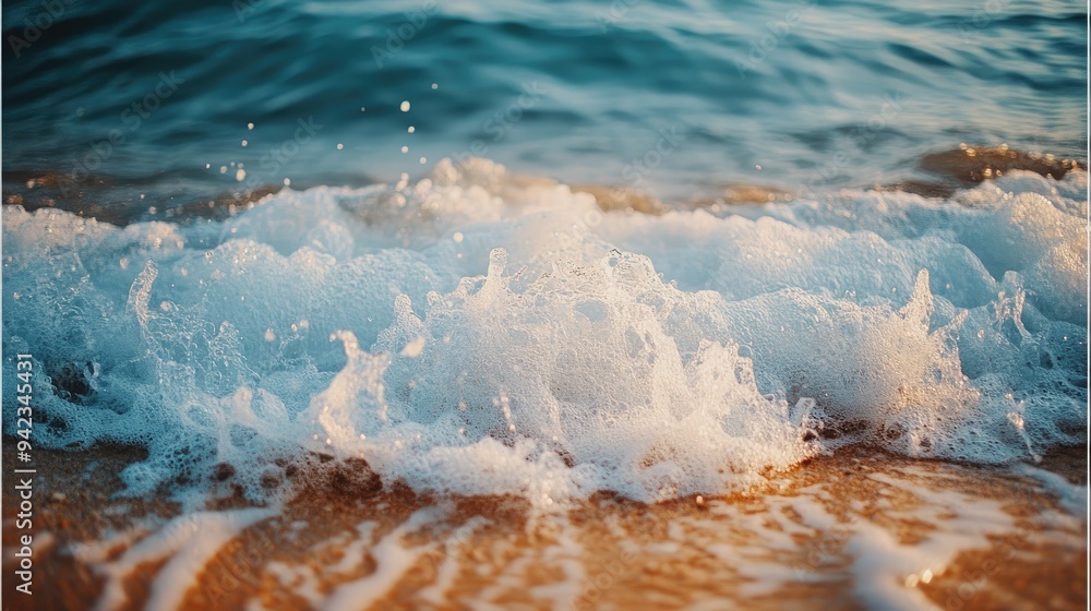 Poster a close-up of ocean waves lapping against the shore, showcasing the texture and movement of the wate