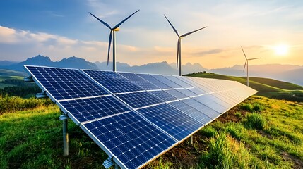 Solar panels and wind turbines in a scenic landscape promoting renewable energy.