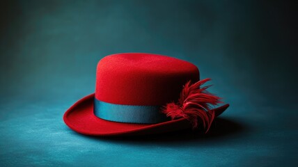 Red hat with blue band and feathers on textured surface