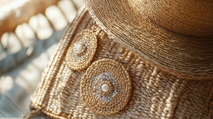 A close-up of stylish summer accessories, including a woven handbag, statement earrings, and a sunhat, creating a chic and fashionable scene with space for text.