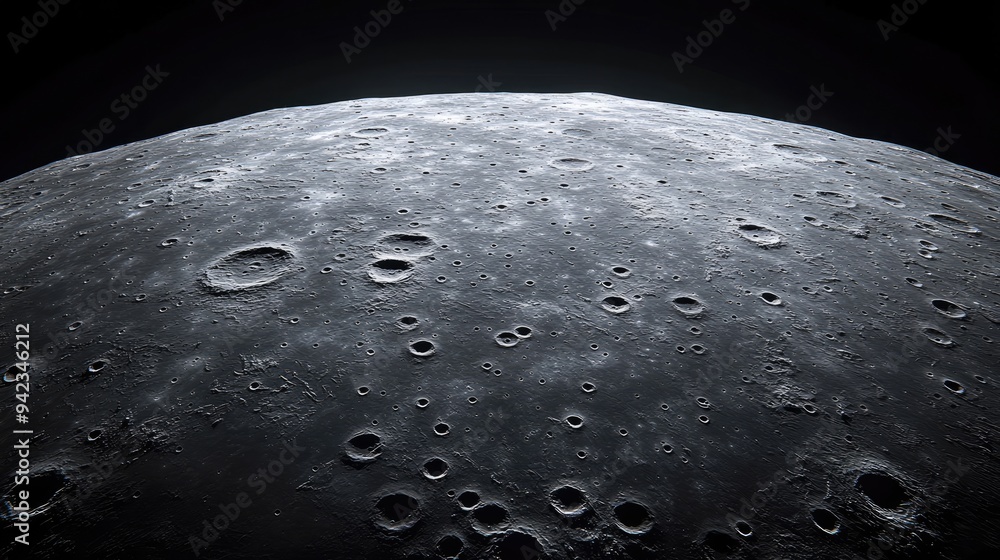 Poster a close-up of the moon's surface with the blackness of space extending infinitely behind, offering a