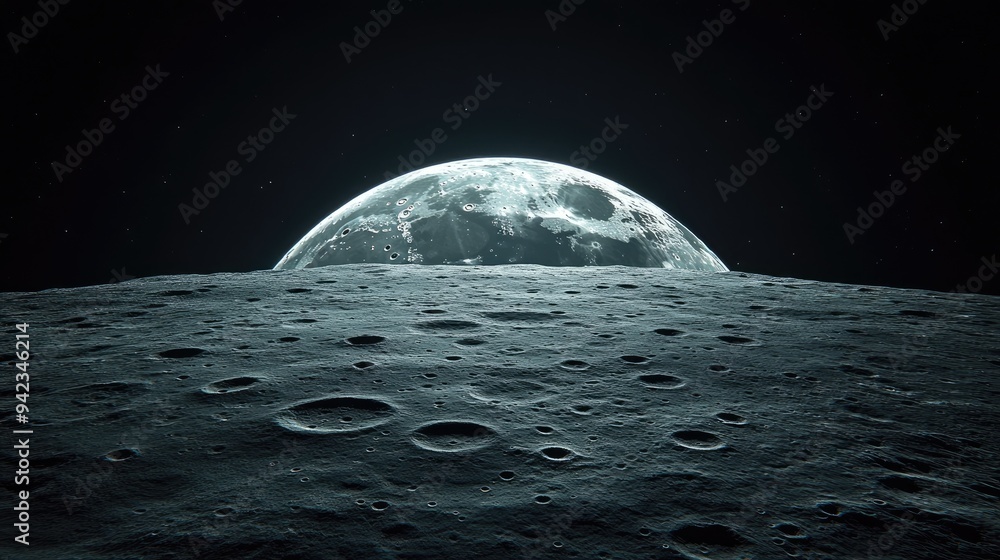 Poster a close-up of the moon's surface with the blackness of space extending infinitely behind, offering a