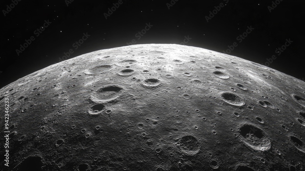 Poster a close-up of the moon's surface with the blackness of space extending infinitely behind, offering a