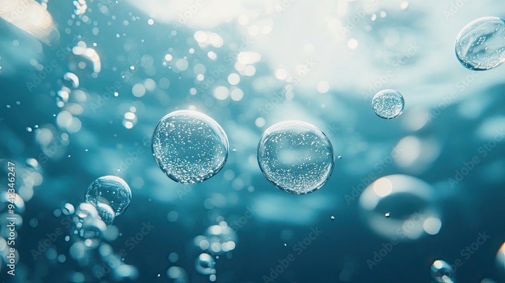 Poster a close-up of tiny bubbles underwater, with soft light and a blue background, creating a calming and