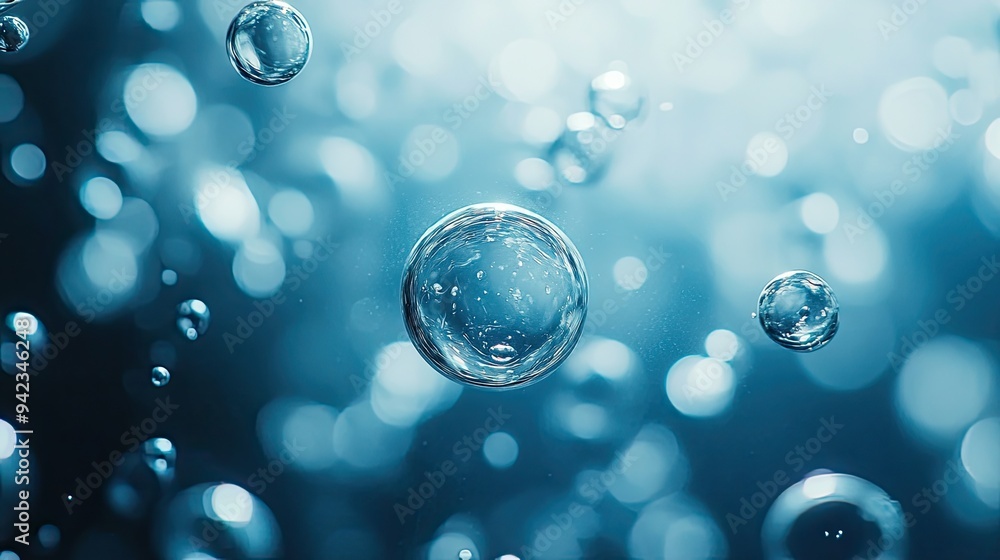 Poster a close-up of tiny bubbles underwater, with soft light and a blue background, creating a calming and