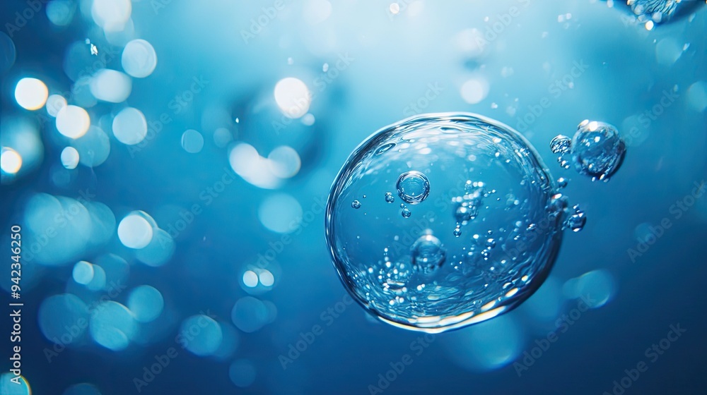 Poster a close-up of tiny bubbles underwater, with soft light and a blue background, creating a calming and