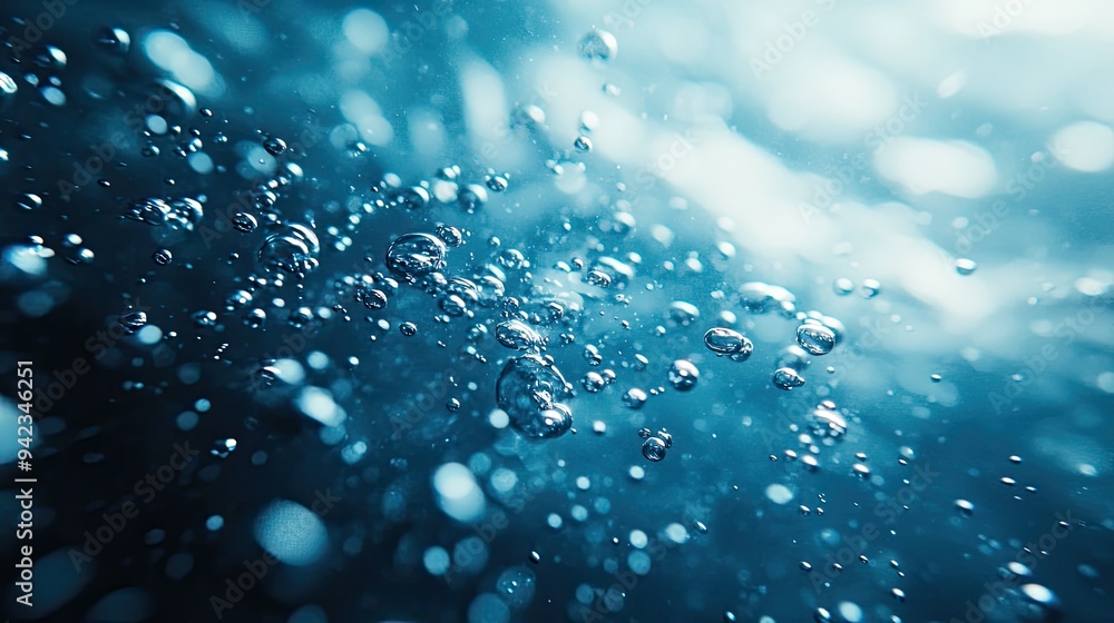 Poster a close-up of tiny bubbles underwater, with soft light and a blue background, creating a calming and