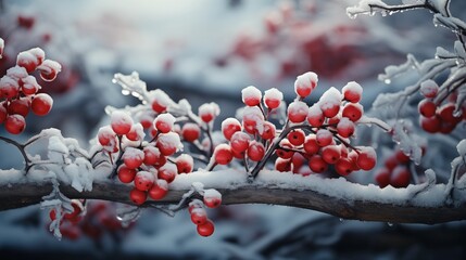 Snow-covered board frame framed by branches with red berries covered in frost. Copy space.