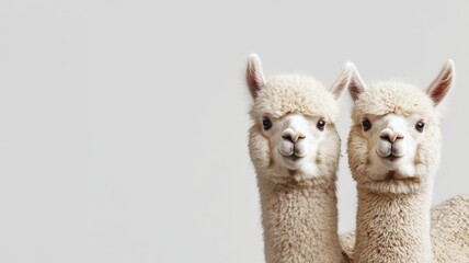 Obraz premium Two white alpacas with fluffy fur standing close together against plain background