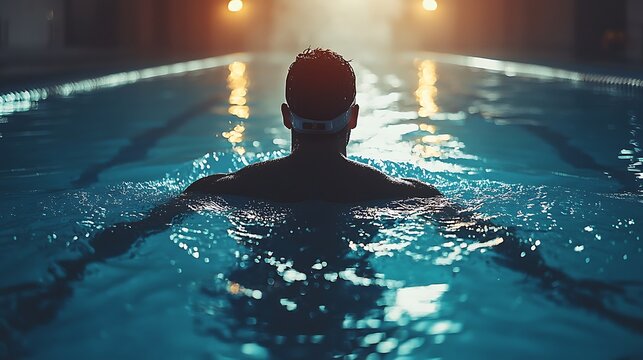 The silhouette of a swimmer glides through an indoor pool, illuminated by glowing lights. - Powered by Adobe