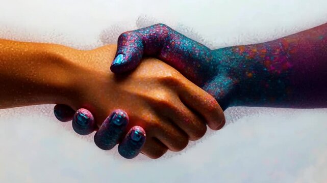 Colorful hands clasp together, showcasing a blend of artistic expression and collaboration.