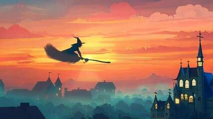 A magical scene of a witch flying on a broomstick at sunset over a misty village