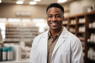 Fototapeta premium portrait of african american male chemist in a pharmacy