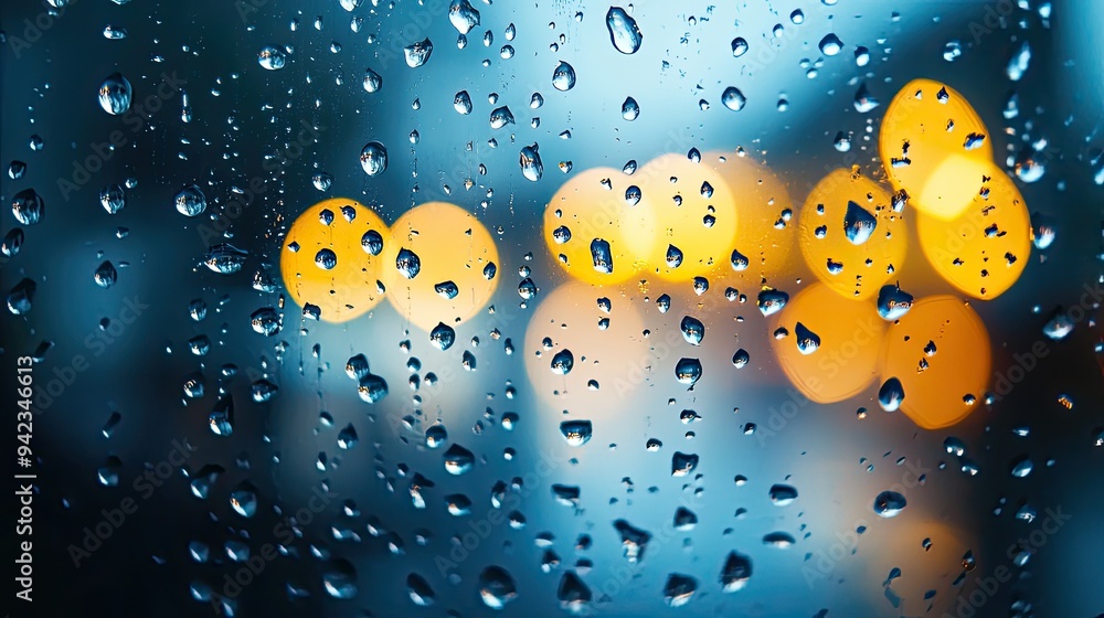 Poster a close-up of water droplets on a windowpane, highlighting their intricate details and the blurred b