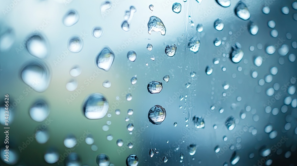 Poster a close-up of water droplets on a windowpane, highlighting their intricate details and the blurred b