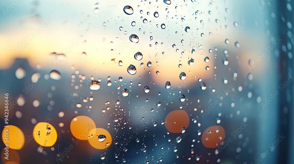 Poster a close-up of water droplets on a windowpane, highlighting their intricate details and the blurred b