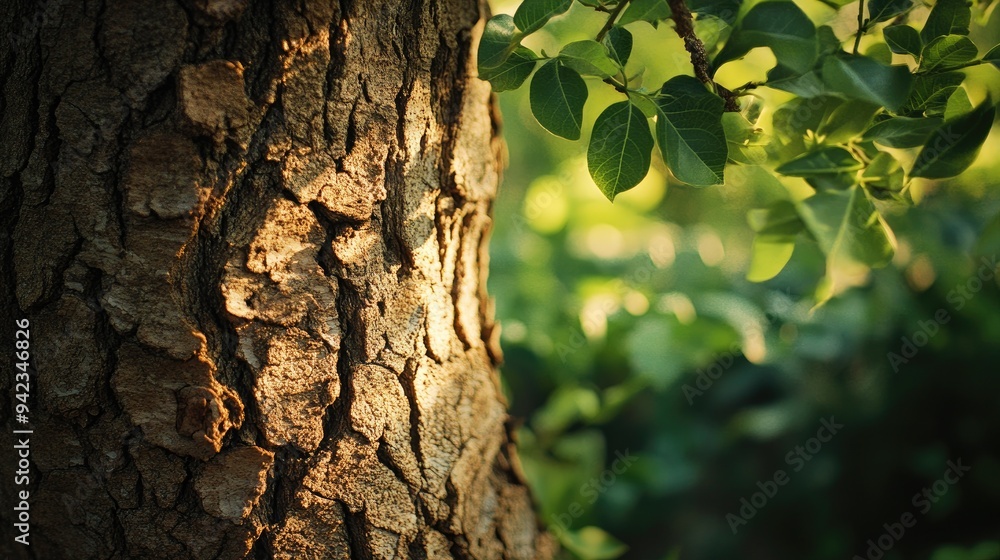 Poster A close-up view of a large tree trunk with rough bark texture, surrounded by lush green leaves in the background.