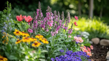 Obraz premium A close-up view of a flower bed in a garden, with a mix of different flowers in various colors and stages of bloom.