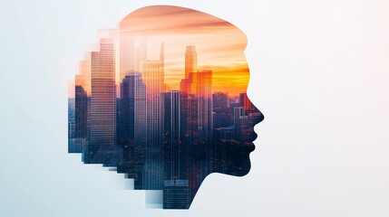 Urban silhouette against a sunset gradient, double exposure highlighting the transition from day to night in the city