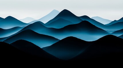 Tranquil blue-tinted minimalist mountain landscape with double exposure, creating a dreamy, serene scene ideal for relaxation visuals