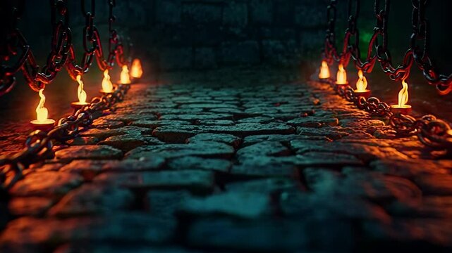 Mysterious dungeon pathway illuminated by flickering flames and surrounded by chains