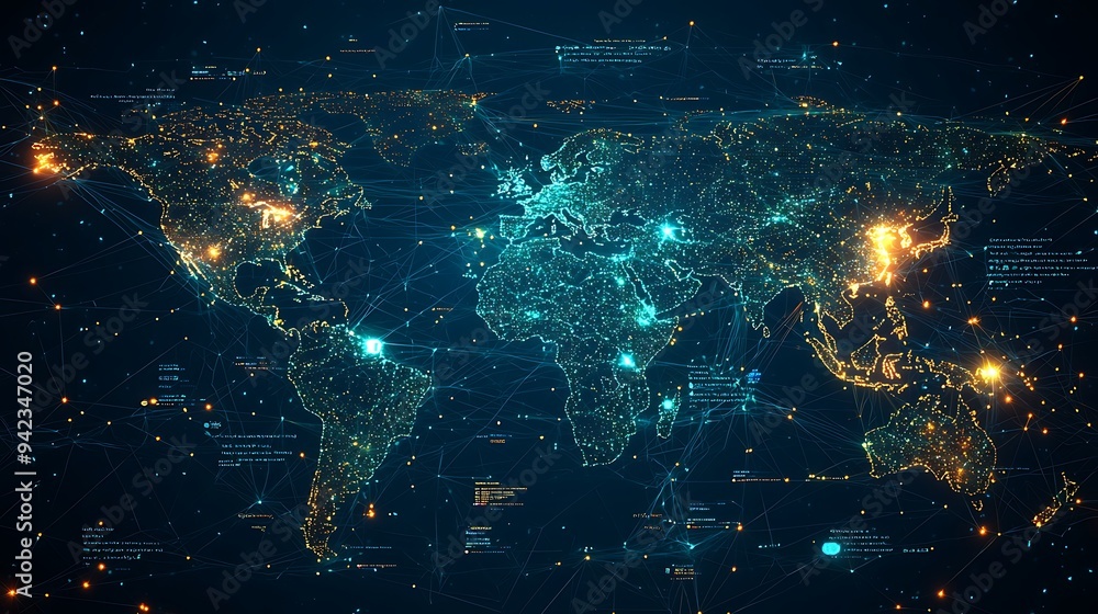 Poster a global network connection map, depicting the flow of data and technology across a digital world.