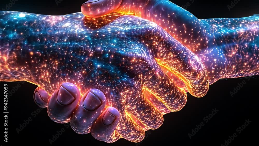 Poster two hands connect in a firm handshake, glowing with colorful cosmic patterns against a dark backgrou