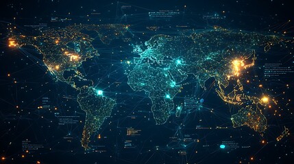 A global network connection map, depicting the flow of data and technology across a digital world.