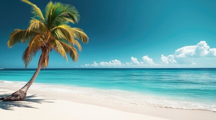 Obraz premium A coconut palm tree on a tropical beach, with the bright blue ocean stretching out to the horizon.