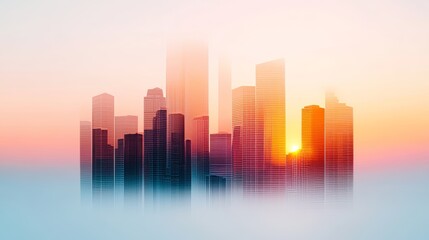 Silhouette of city skyscrapers merging with a radiant sunset gradient, double exposure creating a surreal urban landscape