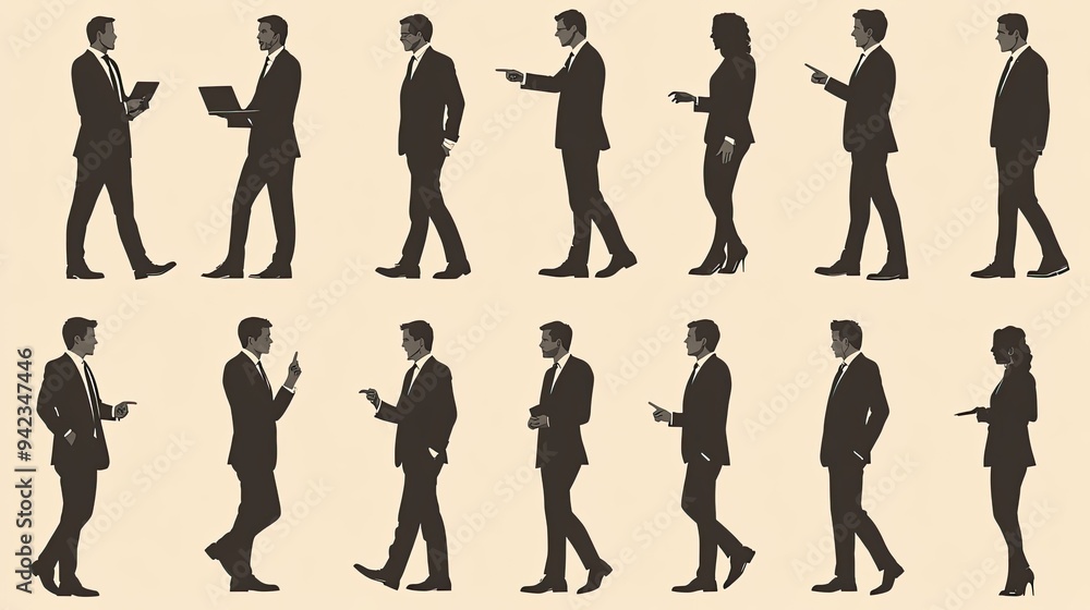 Poster a collection of 30 business silhouettes, each demonstrating a different pose such as discussing, poi