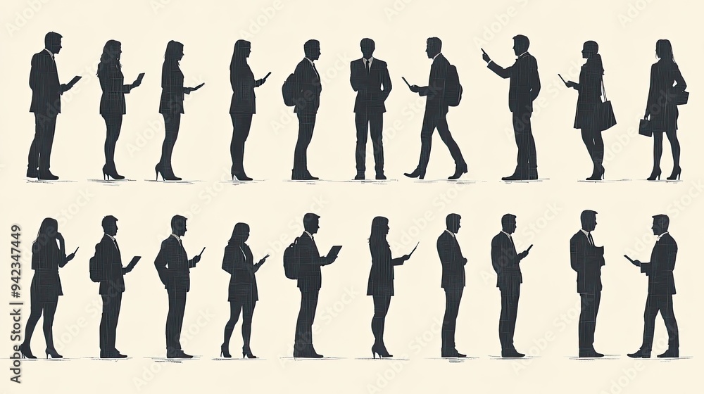 Poster a collection of 30 business silhouettes, each demonstrating a different pose such as discussing, poi