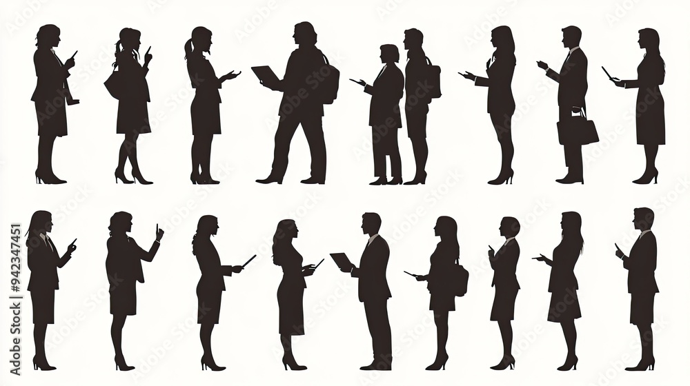 Poster a collection of 30 business silhouettes, each demonstrating a different pose such as discussing, poi