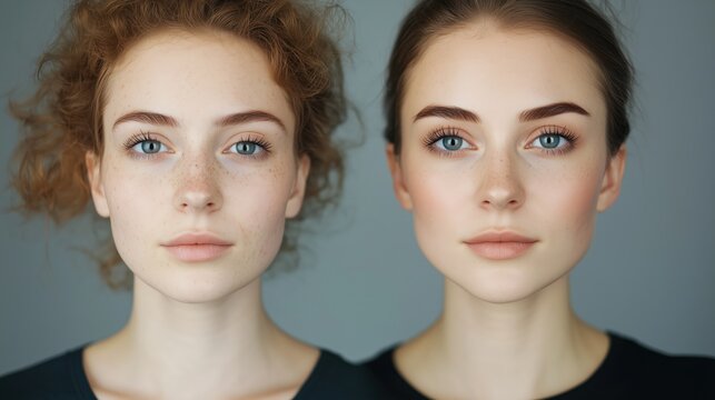 Side-by-side comparison of a young woman's face before and after makeup, highlighting the transformative effect of cosmetics.