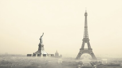 A collection of famous world monuments like the Eiffel Tower, Statue of Liberty, and Great Wall of China, with clear copy space.